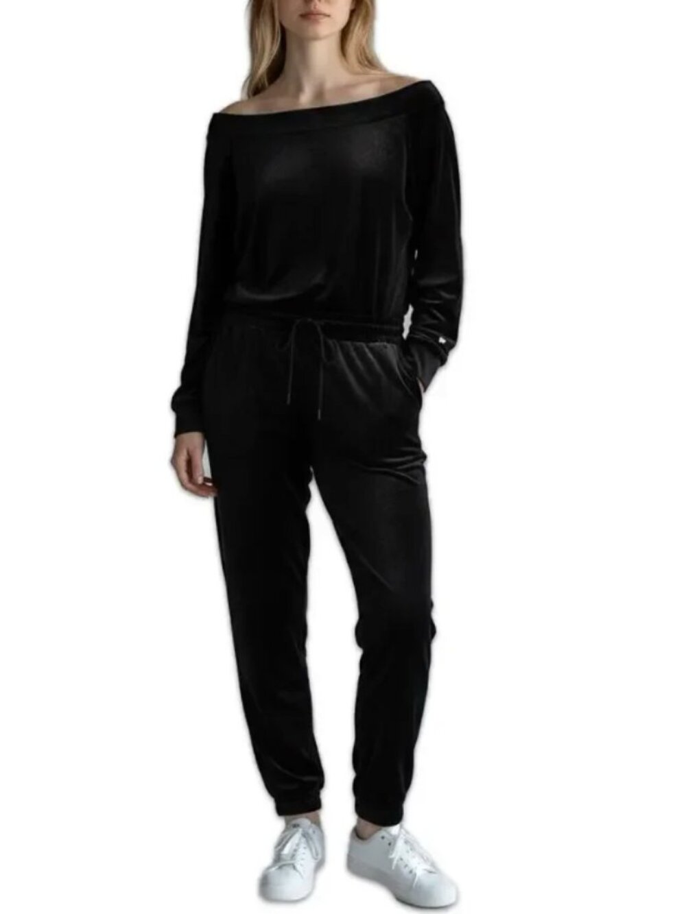 Fabletics Cozy Cord Jumpsuit Black Off Shoulder Jogger Lounge One Piece L